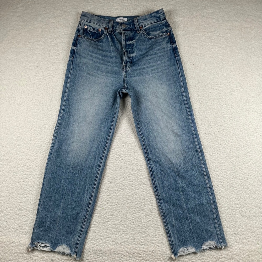 Pistola Straight Leg Womens High Rise Distressed Raw Hem Jeans 26x27 Blue Button